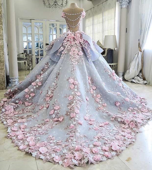 لباس عروس پرنسسی آبی و صورتی